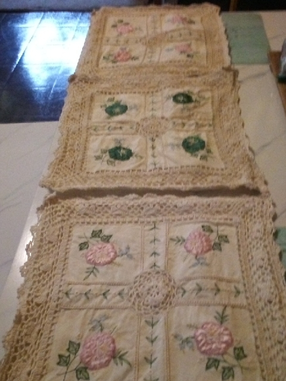 Lot 3 Handmade Crocheted Floral Pillowcases- Cream with Pink & Green Embroidery